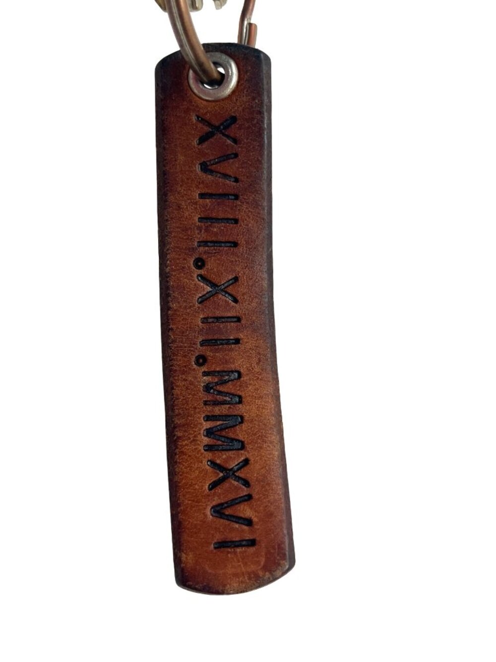 Handcrafted Leather Keychain With Roman Numerals Design & Metal Ring - Unique
